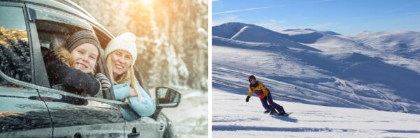 Family in car in snow and snowboarder.