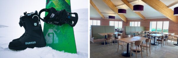Snowsports equipment and Ptarmigan Restaurant interior.
