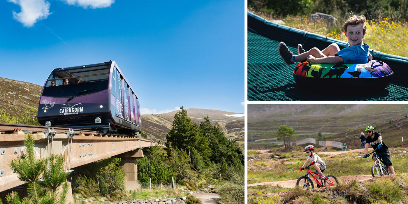 Activities at Cairngorm Mountain Resort, Near Aviemore. Image shows Mountain Railway, Mountain Tubing and Mountain Biking